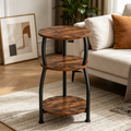 3-Tier Rustic Brown Round End Table with Storage Shelf